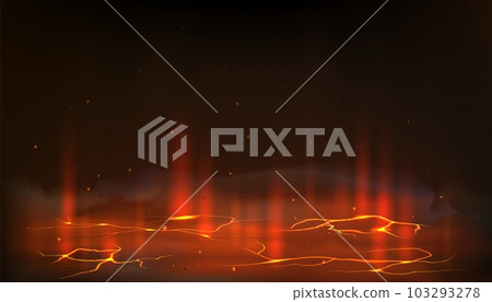 Ground crack. Volcano lava. Broken cave with hell light. Magma backdrop. Black land and fracture hole. Red burn in rock. Glow hot fissures. Volcanic terrain surface. Vector background 103293278