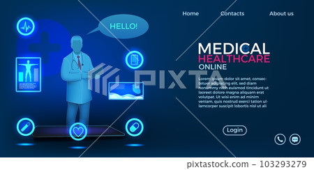 Medical healthcare online. Doctor app. Website landing page. Conference for patient health. Pharmacy and medicine technology. Virtual consultation. Vector design application background 103293279