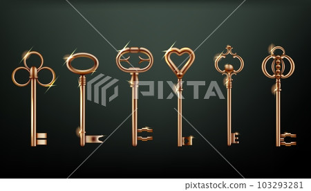 Gold keys. Old golden lock for vintage or antique classic home door with luxury medieval metal ornate different forms. Creative luxury metallic 3d isolated decorative vector real isolated set Gold keys. Old golden lock for vintage or antique classic home door with luxury medieval metal ornate different forms. Creative luxury metallic 3d isolated decorative vector real isolated set 103293281