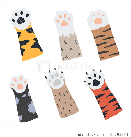 Cat paw. Domestic and wild animals, cute little pets legs. Spotted and striped tiger and jaguar hands. Furry mammals feet with claws. Feline limbs. Cartoon flat style isolated vector set Cat paw. Domestic and wild animals, cute little pets legs. Spotted and striped tiger and jaguar hands. Furry mammals feet with claws. Feline limbs. Cartoon flat style isolated vector set 103293283