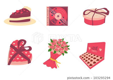 Valentines elements set. Pink wrapped boxes, sweet cake, love songs disk, chocolates and bouquet. Hand drawn decorative objects, birthday presents. Cartoon flat isolated vector illustration. Valentines elements set. Pink wrapped boxes, sweet cake, love songs disk, chocolates and bouquet. Hand drawn decorative objects, birthday presents. Cartoon flat isolated vector illustration. 103293294