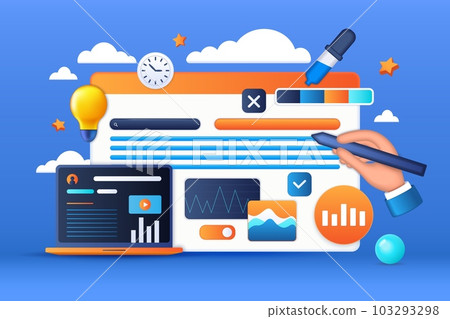 3D graphic design. Web UI render. Website creating. Software for computer developers. Internet tablet app or platform interface. Browser interface editing. Vector digital illustration 103293298