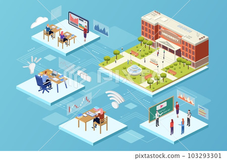 Isometric classroom. Online education. Virtual training in university. Custom teachers library. People studying. Academic building. Students at blackboard. Vector creative infographic Isometric classroom. Online education. Virtual training in university. Custom teachers library. People studying. Academic building. Students at blackboard. Vector creative infographic 103293301