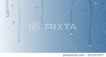 Rain water. Droplets on glass window. Steam of drops. Vapor in wet shower. Realistic clean raindrop flow. Clear reflection. Aqua condensate. Transparent texture. Vector realistic background Rain water. Droplets on glass window. Steam of drops. Vapor in wet shower. Realistic clean raindrop flow. Clear reflection. Aqua condensate. Transparent texture. Vector realistic background 103293307