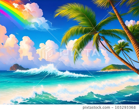 Background material with motifs of rainbow, sky, sea and palm trees 103293368