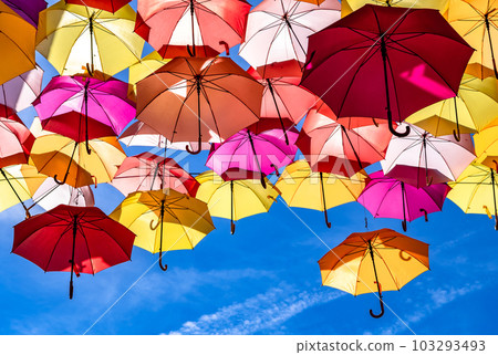 Colorful Umbrellas Hanging As Street Decoration And Sun Protection In The City Of Bordeaux, France 103293493
