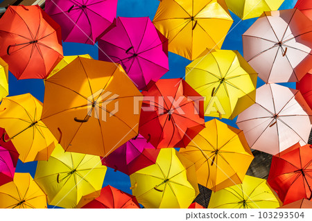 Colorful Umbrellas Hanging As Street Decoration And Sun Protection In The City Of Bordeaux, France 103293504