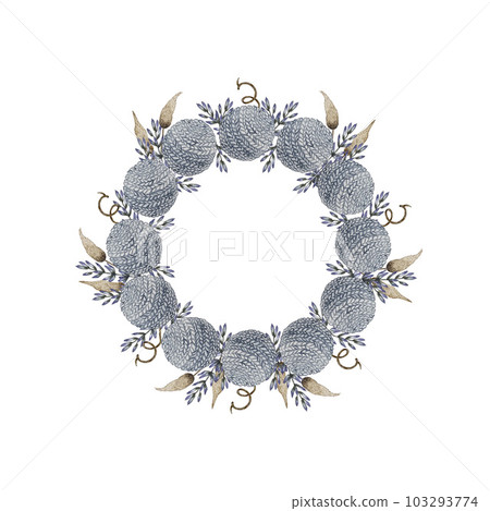 Wreath with knitted balls and lagurus. Watercolor illustration 103293774