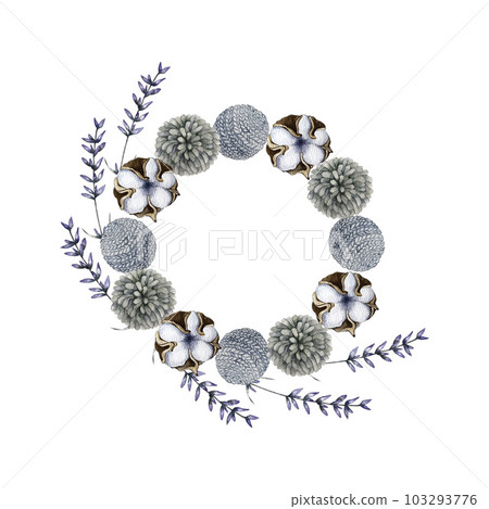 Cotton, pompom and knitted ball wreath. Watercolor illustration Cotton, pompom and knitted ball wreath. Watercolor illustration 103293776