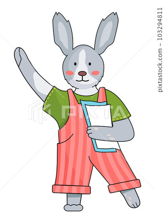 Cute cartoon bunny waving hand, rabbit wearing striped overalls with green t-shirt, holding papers Cute cartoon bunny waving hand, rabbit wearing striped overalls with green t-shirt, holding papers 103294811