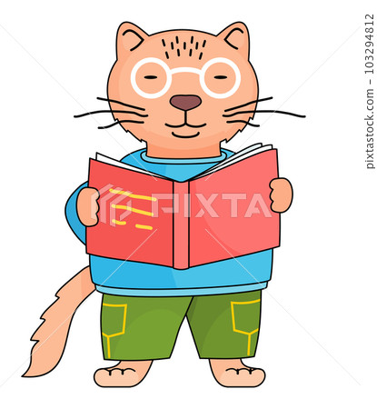 Cute orange cat in eyeglasses reading book isolated at white, clever cartoon character, student 103294812