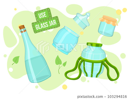 Poster in cartoon style with text use glass jar, less plastic, set of jars, bottle, eco friendly Poster in cartoon style with text use glass jar, less plastic, set of jars, bottle, eco friendly 103294816