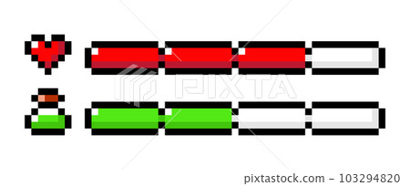 Life bar and health bar 8-bit elements pixel art, power, energy, health reserve. Game theme design 103294820