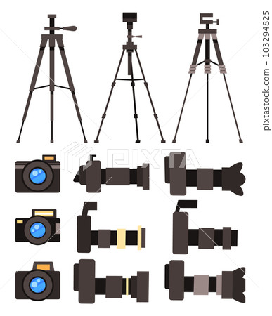 Set of cartoon vector icons, photocamera, digital camera, reflex camera, tripod at white background Set of cartoon vector icons, photocamera, digital camera, reflex camera, tripod at white background 103294825