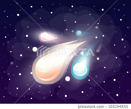 Falling bright comets flying in galaxy or space background with stars, game icon in vector style 103294850