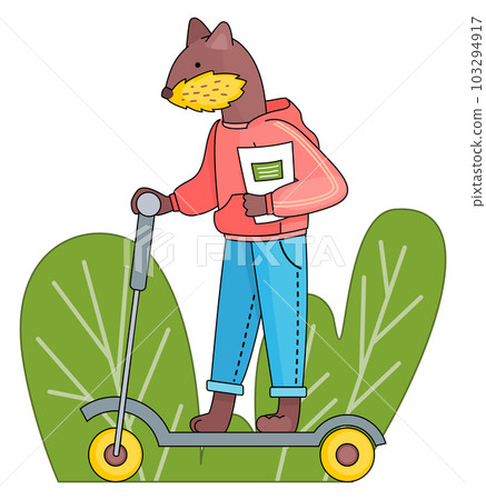 Funny cartoon animal student. A beaver schoolboy with notebook in hands is riding a scooter Funny cartoon animal student. A beaver schoolboy with notebook in hands is riding a scooter 103294917
