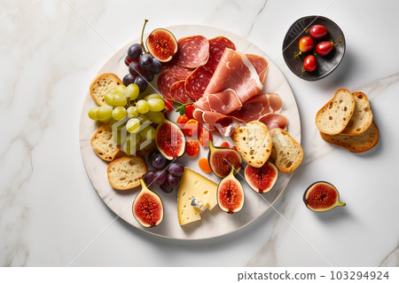 Italian appetizer prosciutto and cheeses served on marble board platter with figs and grape. Generative AI illustration Italian appetizer prosciutto and cheeses served on marble board platter with figs and grape. Generative AI illustration 103294924