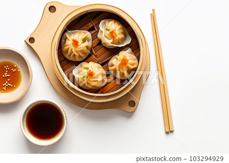 Hot dumplings dim sum in a bamboo steamer with soy sauce. Generative AI illustration Hot dumplings dim sum in a bamboo steamer with soy sauce. Generative AI illustration 103294929
