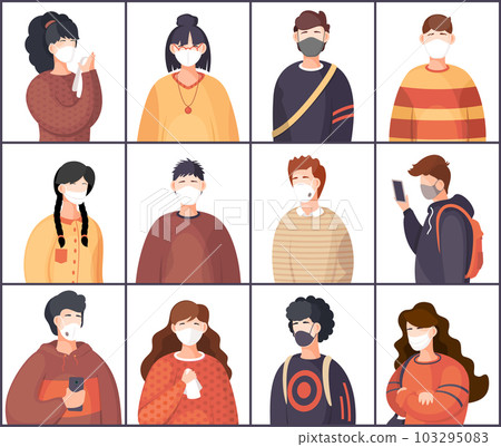 Wearing face medical masks, viral pandemia. Covid-19, portrait of people in respiratory medical mask Wearing face medical masks, viral pandemia. Covid-19, portrait of people in respiratory medical mask 103295083