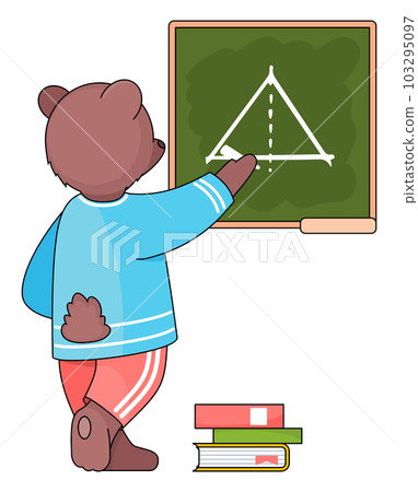 Funny cartoon animal student. A bear schoolboy with chalk in hand is writing on a blackboard Funny cartoon animal student. A bear schoolboy with chalk in hand is writing on a blackboard 103295097