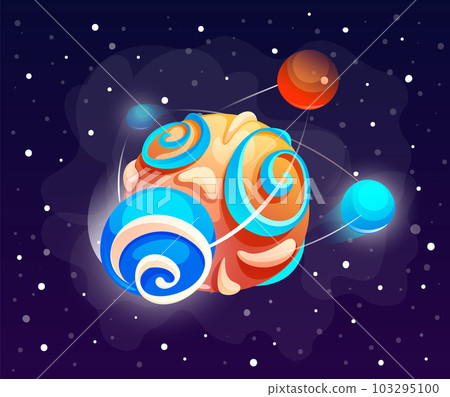 Cartoon space icon of cute planet at galaxy background among bright stars, space theme, game icon 103295100