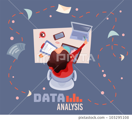 Data analysis concept, business person working with laptop at table, topview, flat illustration 103295108