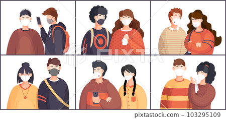 Wearing face medical masks, viral pandemia. Covid-19, portrait of people in respiratory medical mask Wearing face medical masks, viral pandemia. Covid-19, portrait of people in respiratory medical mask 103295109