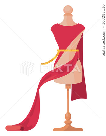 Mannequin with unfinished dress, sewing dress from red fabric, isolated icon at white background Mannequin with unfinished dress, sewing dress from red fabric, isolated icon at white background 103295110