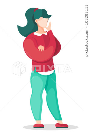 Brunette with ponytail wearing red sweater with white shirt under, green pants and red shoes 103295113