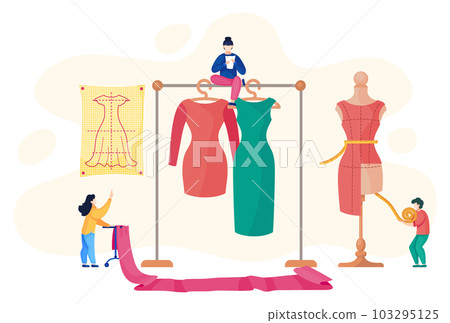 Sewers working in fashion workshop, rack with dresses, woman with textile, man measure future dress 103295125
