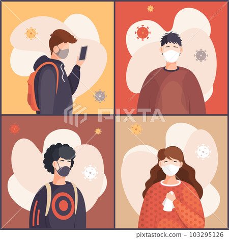 Set of illustrations with people in respiratory masks, vector portraits of cartoon characters 103295126