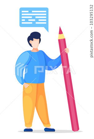 Vector cartoon character, man with huge pencil talking, dialogue cloud with text, isolated at white Vector cartoon character, man with huge pencil talking, dialogue cloud with text, isolated at white 103295132