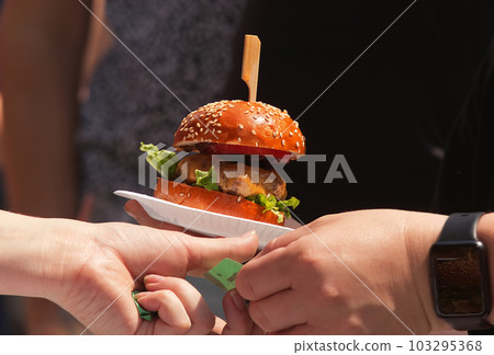 Selling burgers at street food market in Karlin. Selling burgers at street food market in Karlin. 103295368