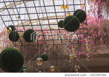 stretch ceiling model, blue sunny sky, white pink flowers and flying bird gull stretch ceiling model, blue sunny sky, white pink flowers and flying bird gull 103295560