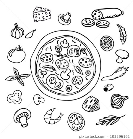 pizza set, round pizza with ingredients doodle hand drawn in cartoon style, comic isolated on white background. pizza set, round pizza with ingredients doodle hand drawn in cartoon style, comic isolated on white background. 103296161