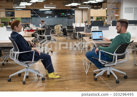 Redhead caucasian woman and bearded man are sitting on chairs in open space office. Redhead caucasian woman and bearded man are sitting on chairs in open space office. 103296495