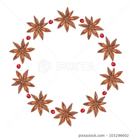 Watercolor wreath of star anise, red cowberries isolated on white background. Botanical illustration for postcard design, invitation template, Christmas and New Year cards 103296602