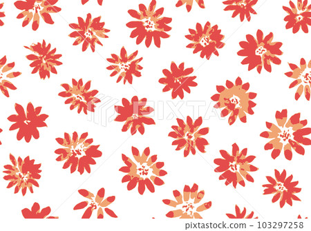 Cute seamless pattern with hand drawn red and orange daisy flowers. Sketch vector floral texture with abstract blossoms for textile, surface design, decoration, wallpaper 103297258