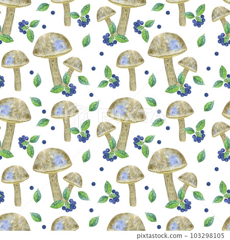 Seamless pattern boletus edible forest mushroom, chokeberry. Botanical drawing. Hand-drawn watercolor illustration isolated on white background. For card, poster 103298105