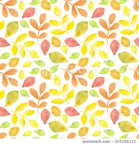 Autumn nature seamless pattern, yellow, orange, green, leaves and branches. Hand-drawn watercolor illustration on white background. For textiles, packaging, fabric Autumn nature seamless pattern, yellow, orange, green, leaves and branches. Hand-drawn watercolor illustration on white background. For textiles, packaging, fabric 103298113