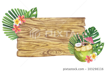 Cocktail green coconut beach drink. Wooden board for text. Monstera, frangipani flowers. Hand drawn watercolor illustration isolated on white background. For bar restaurant menu logo Cocktail green coconut beach drink. Wooden board for text. Monstera, frangipani flowers. Hand drawn watercolor illustration isolated on white background. For bar restaurant menu logo 103298116