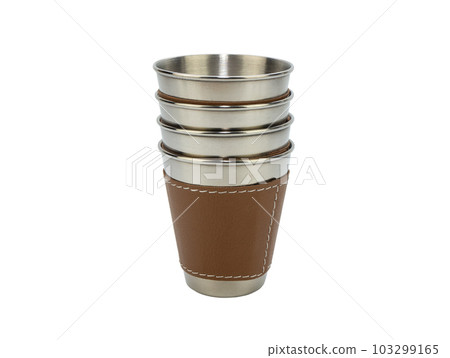 Stainless cups fitted inside each other, isolated on white background. Indispensable attribute of the picnic or camping 103299165