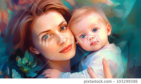 Painted image of a young mother holding her son in her arms, parenthood, mother's day, Generated AI 103299386