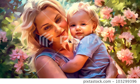 Painted image of a young mother holding her son in her arms, parenthood, mother's day, Generated AI 103299396
