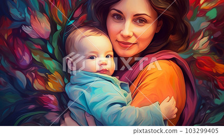 Painted image of a young mother holding her son in her arms, parenthood, mother's day, Generated AI 103299405