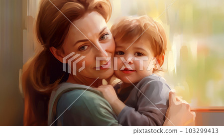 Painted image of a young mother holding her son in her arms, parenthood, mother's day, Generated AI 103299413