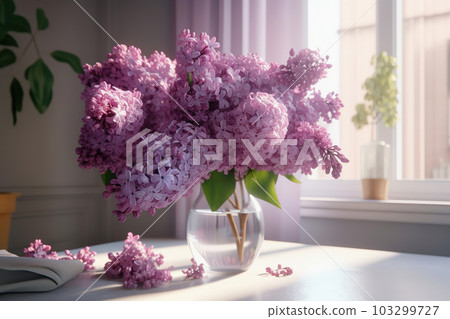 Delicate pink lilac bouquet in vase on table, window light airy background. Generative AI Delicate pink lilac bouquet in vase on table, window light airy background. Generative AI 103299727