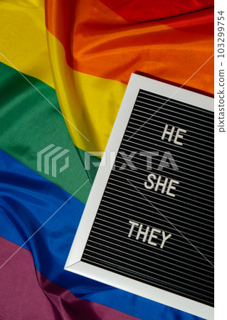 HE SHE THEY text Neo pronouns concept on Rainbow flag background gender pronouns. Non-binary people rights transgenders. Lgbtq community support assume my gender tolerance equal rights 103299754