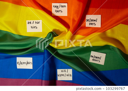 Neo pronouns concept. Rainbow flag with paper notes text gender pronouns hie, e, ne, xe, ze, tey. Non-binary people rights transgenders. Lgbtq community support assume my gender tolerance equal rights 103299767