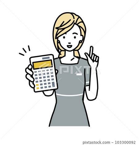 一位女士，她是美容院的店員、接待員和服務員，她站著拿著計算器給我看 103300092